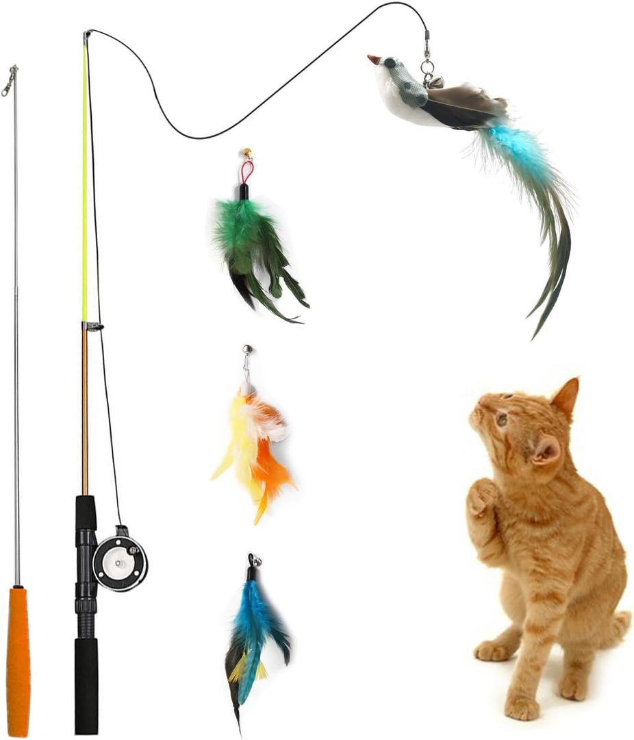 Trumoon Retractable Cat Teaser Wand Toy, Cat Toys for Indoor Outdoor Cats Interactive Fishing Rod with 4 PCS Refills Feather Toy, Interactive Bird Toys for Indoor Kittens