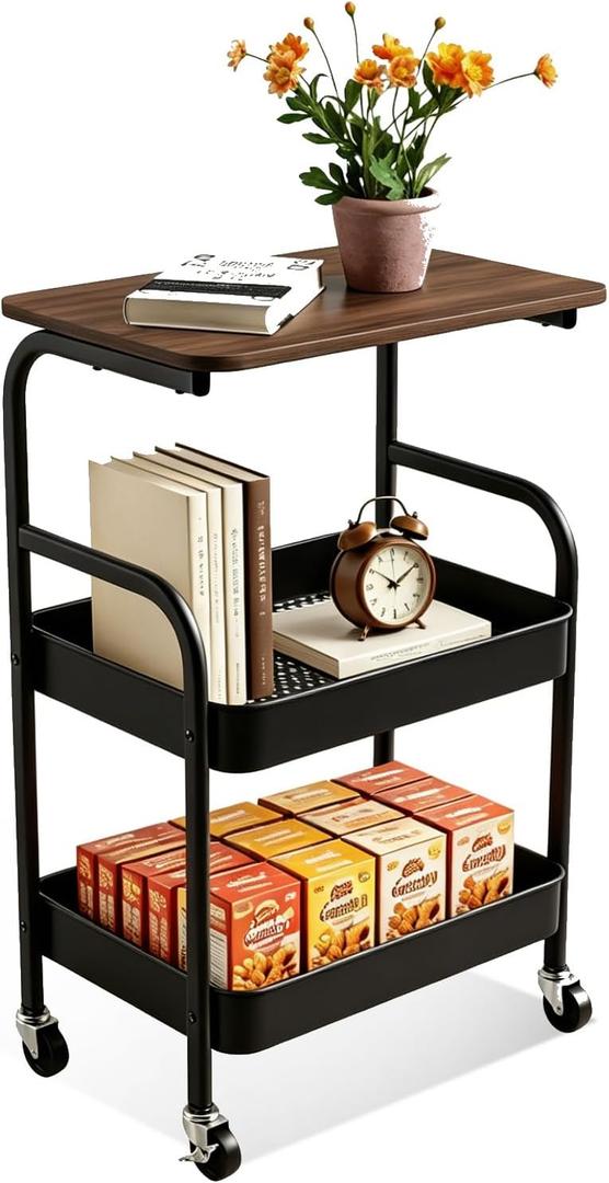 3 Tier Rolling Cart with Walnut Table Top, Sturdy Metal Storage Cart with Lockable Wheels, Multi-Purpose Mobile Shelf for Kitchen, Bedroom, Snacks, Coffee, Craft, Makeup, Garage (Black)