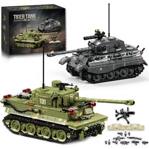 WW2 Army Tank Building Blocks Set, 2 Classic Military Tanks Building Set with Rotatable Turret, Movable Tracks & Tactical Gear, Tiger Tank Model & Military Vehicles for Collectors and Boys, 1314Pcs
