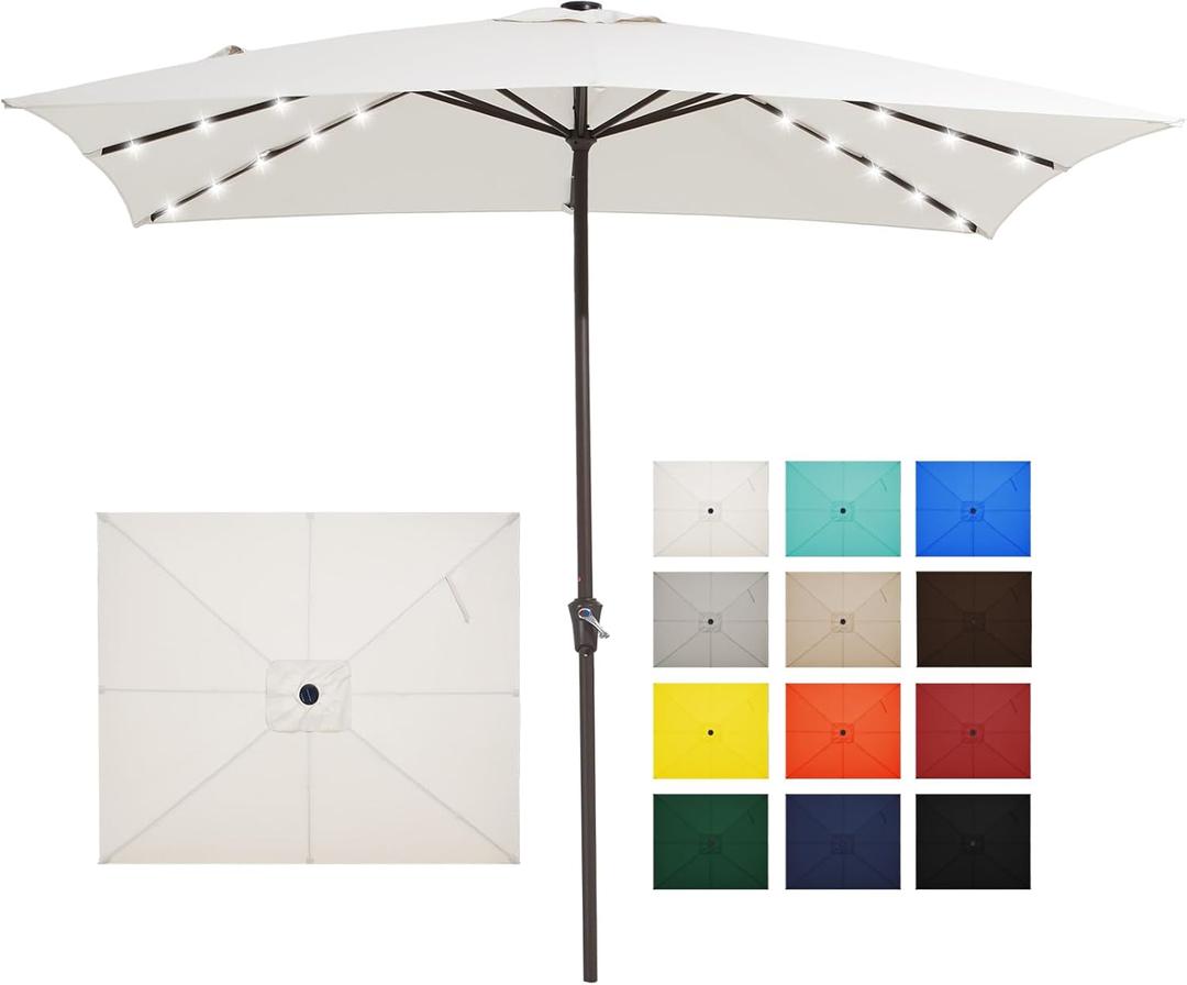 JEAREY 8x10 ft Rectangular LED Lighted Patio Umbrellas Outdoor Solar Table Market Umbrella w/Crank, 8 Sturdy Ribs, UV Protection Waterproof Sunproof(Creamy-white)