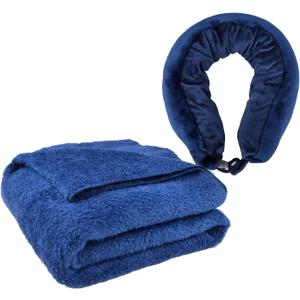2-in-1 Travel Pillow & Blanket, Airplane Neck Pillow with Neck Support, Supersoft Lightweight Throw Blanket, Airplane Essentials (Blue)