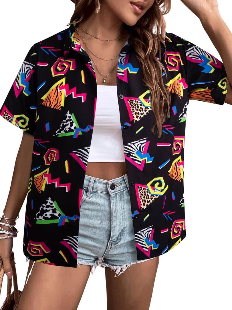 80s 90s Outfits for Women 80's Retro Theme Party Shirt 80s Hawaiian Shirt Neon Hawaii Button Down Short Sleeve Tops (Black, XL)