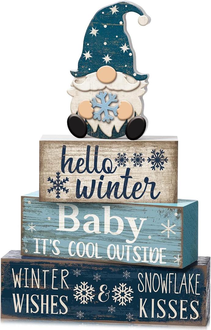 4 Pcs Winter Table Decorations Blue and White Gnome Snowflake Decor Winter Tiered Tray Decor Christmas Centerpiece for Tables Wooden Decorative Gnome Signs Gifts for Kitchen Office Home