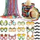 Bucherry 54 Pieces Cinco De Mayo Sombrero Hats Mexican Beaded Necklace Paper Eyewear Fiesta Party Supplies Bulk for Mexican Day Decorations