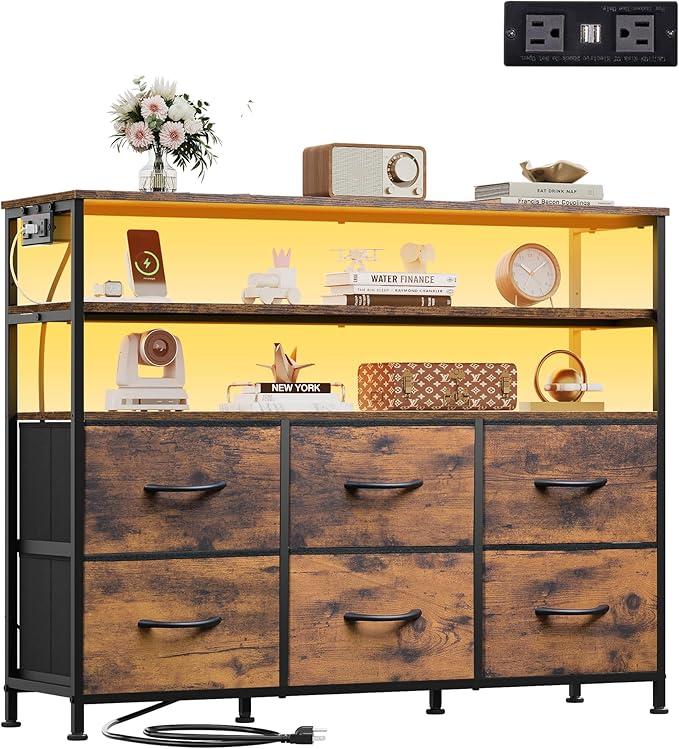 WLIVE Dresser for Bedroom, 6 Drawer Dressers with LED Lights and Charging Station, Fabric Chest of Drawers with Open Shelves, LED Storage Dresser for Living Room, Closet, Rustic Brown Wood Grain Print