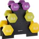 Amazon Basics Neoprene Dumbbell Hand Weights with Easy to Assemble Stand, 3 Pairs (3, 5, and 8 Pounds), Purple/Green/Yellow