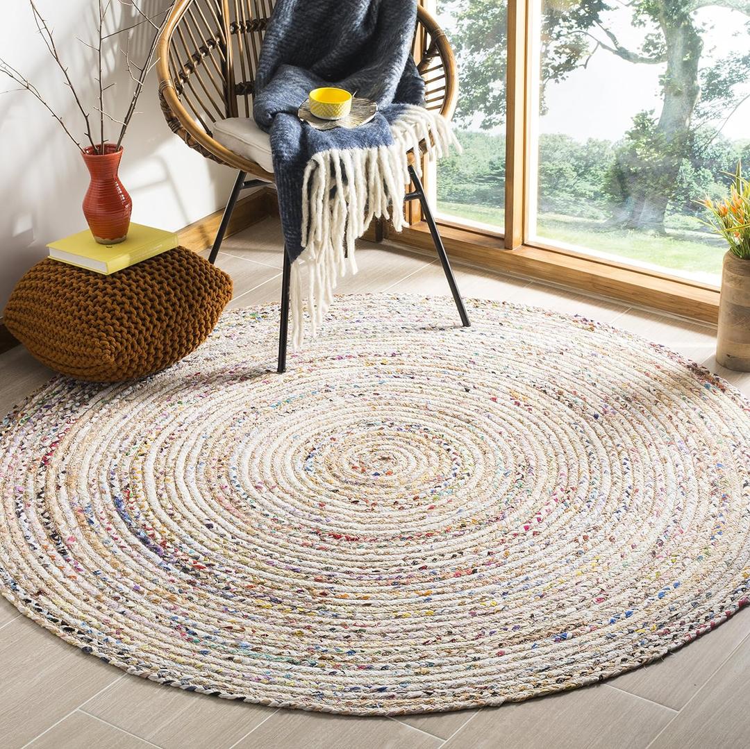 SAFAVIEH Cape Cod Collection Area Rug - 5' Round, Beige & Multi, Handmade Boho Braided Jute & Cotton, Ideal for High Traffic Areas in Living Room, Bedroom (CAP202B)