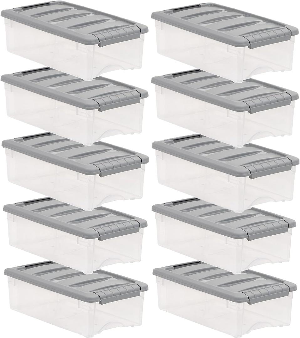 Amazon Basics Plastic Storage Containers with Secure Latching Lids, Stackable Organization Bins for Organizing, Clear/Grey, 5 Quart, Set of 10