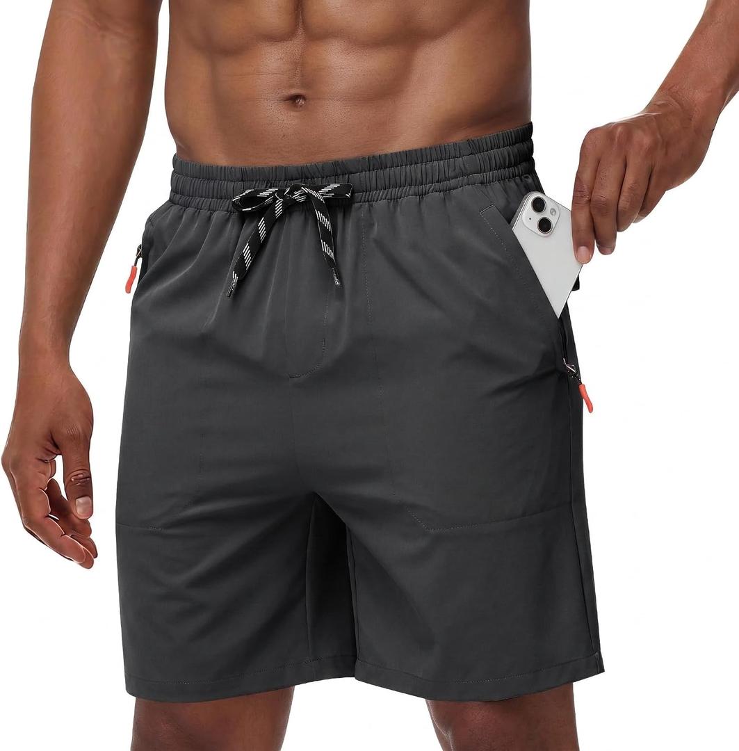 Men's Casual Hiking Athletic Shorts Khaki Board Hybrid Drawstring Elastic Waist 7 inch Quick Dry Lightweight Stretch (Black, L)