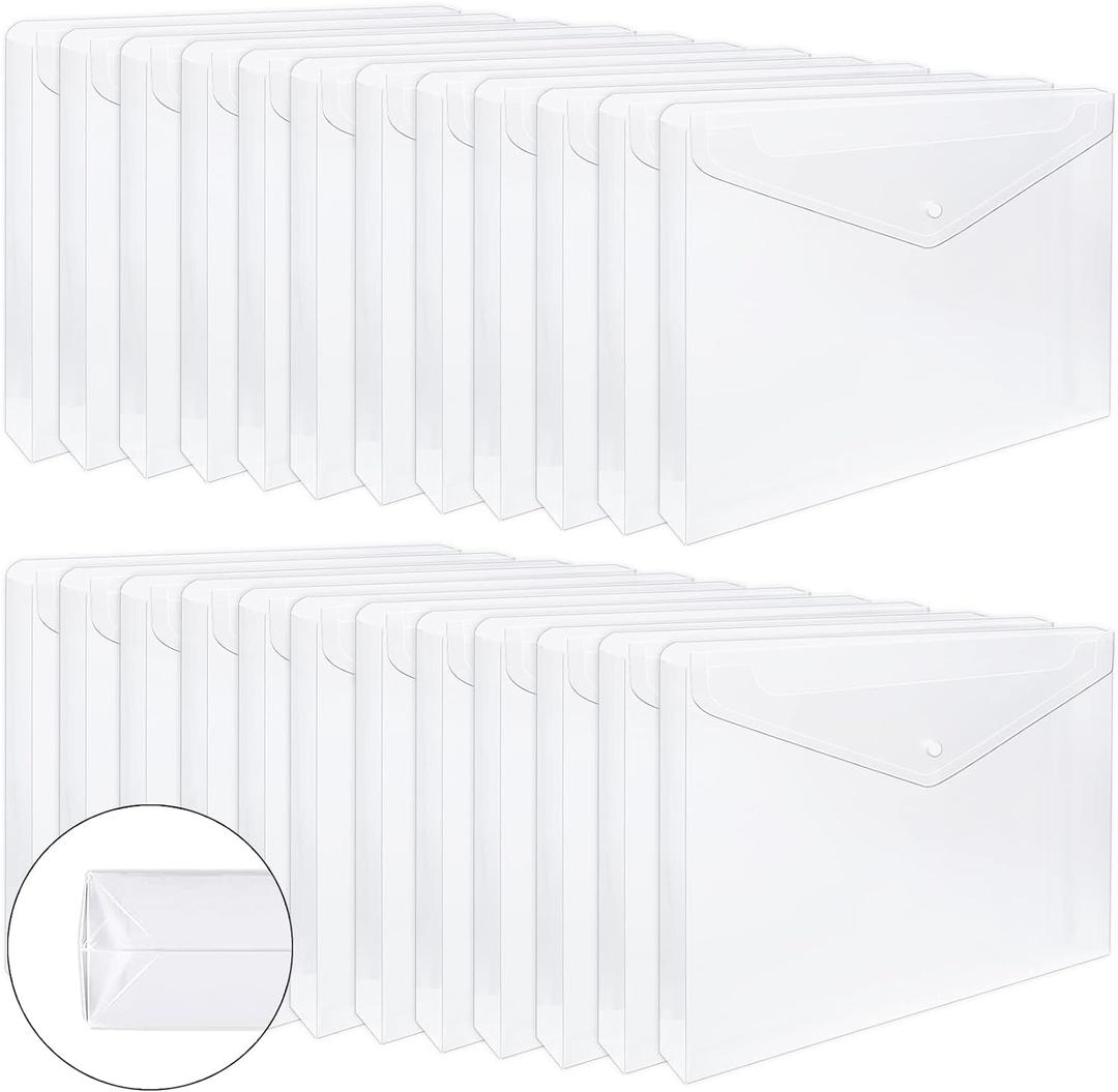 EOOUT 24pcs Clear Envelopes, Expandable Folders for Documents and Waterproof Folders with Snap Closure, A4 Size Letter Size, for School and Office Supplies