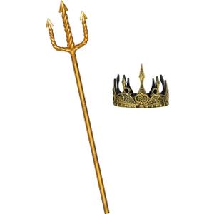 Gold Neptune Poseidon Trident and Gold King Crowns,Plastic Trident Staff Foam Crowns Cosplay Set,Halloween Costume Accessory Props