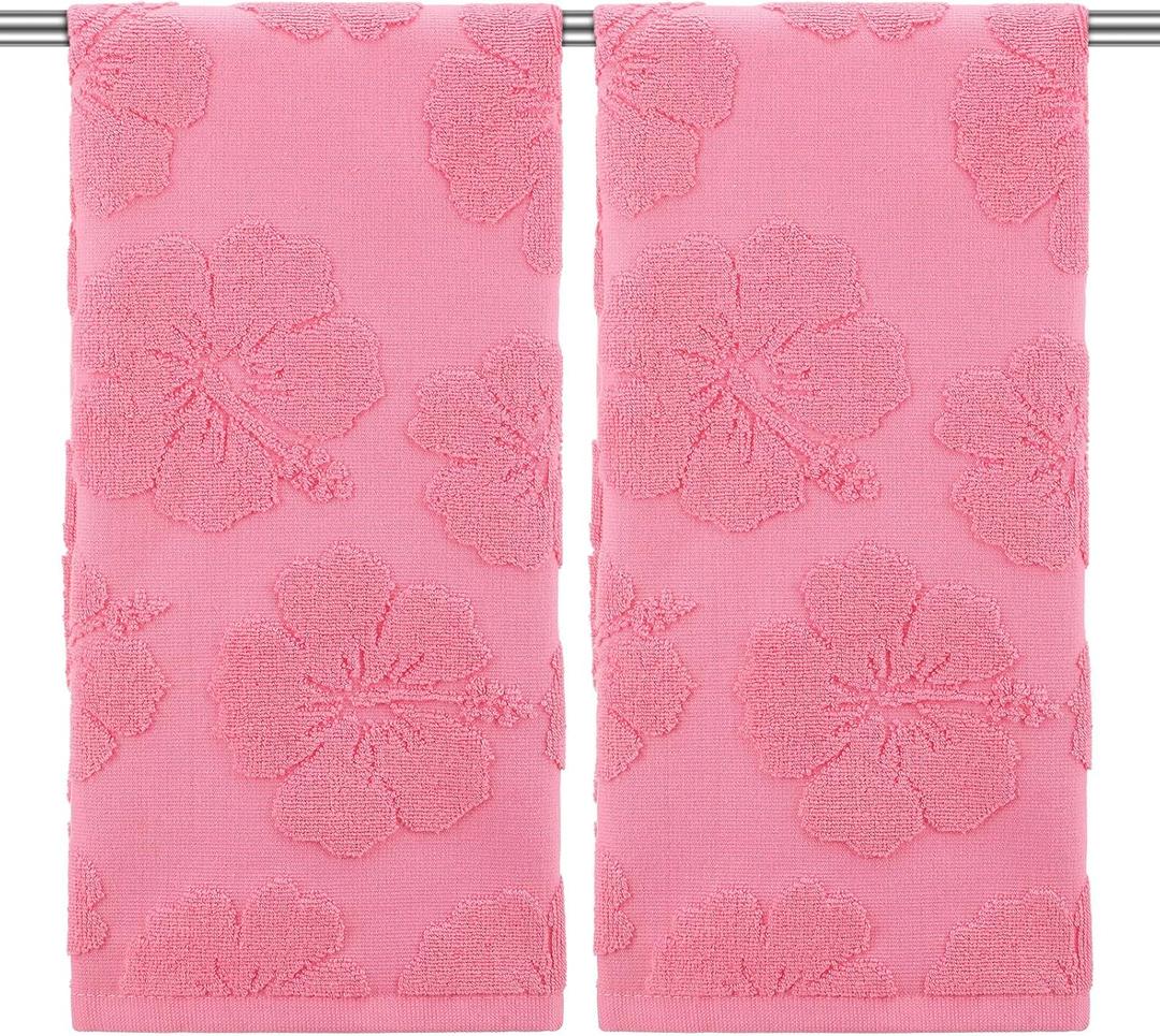 SmoothNovelty 2 Pcs Floral Hibiscus Hand Towels for Bathroom Pink Hibiscus 100% Cotton Jacquard Weave Bath Towel Set Soft Absorbent Dish Washcloth for Bathroom Kitchen Summer Theme Gifts 13.8 x 29.5
