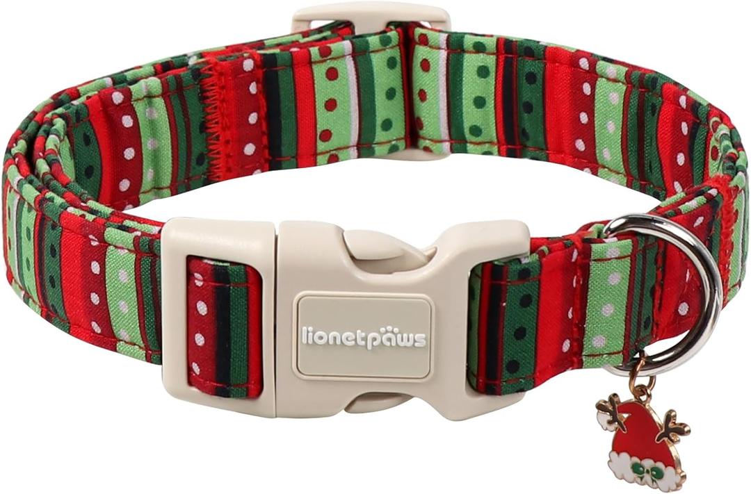 Lionet Paws Christmas Dog Collar- Cute Red&Green Stripes Dog Collars with Plastic Buckle and Christmas Hat Pendant,Light Dogs Collar for Medium Large Dogs (Large (Pack of 1))