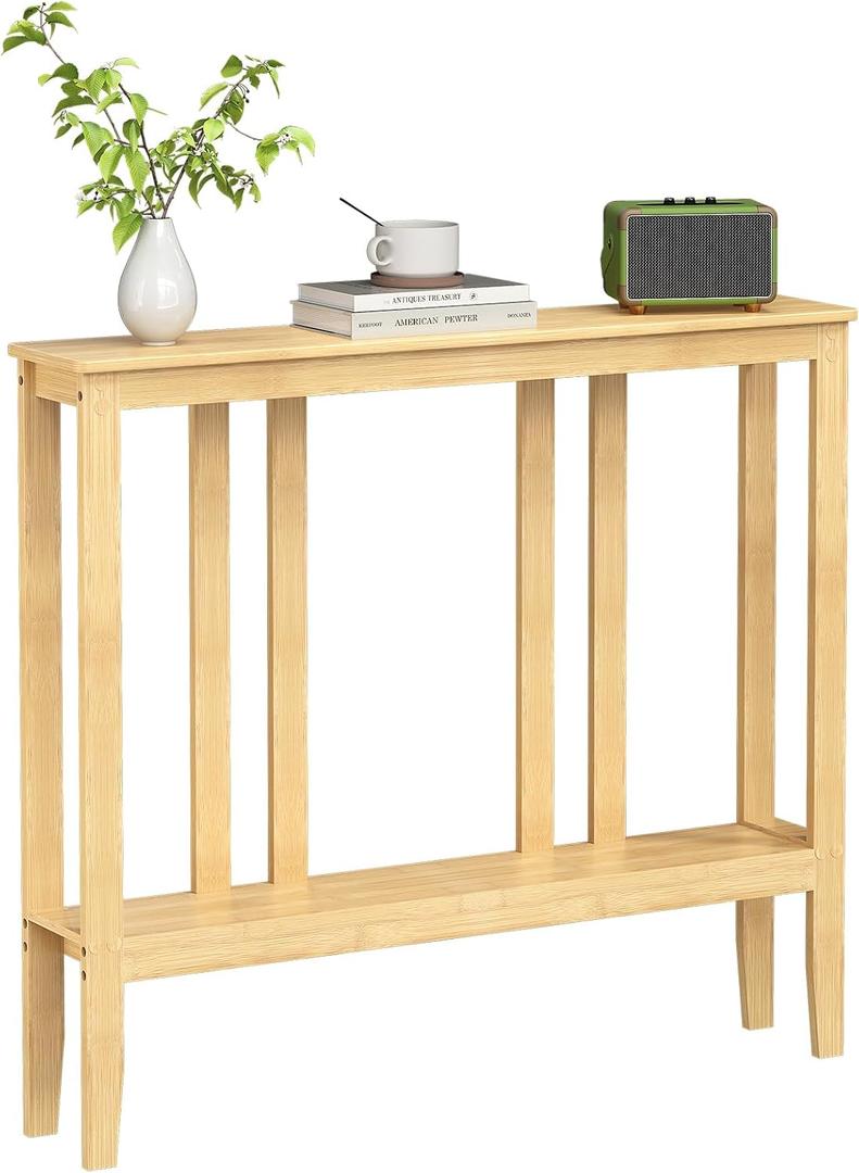 ELYKEN Bamboo Console Tables for Entryway, 36.2" Long 2 Tier Hallway Table Behind Couch, 7 Narrow Sofa Table for Entrance, Entry, Living Room, Natural