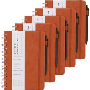 Spiral Notebooks Journal for Women Men 5 Pack Bulk Leather Hardcover with Pen Holder A5 160 Pages 100 GSM Thick Paper for Work School (Brown)