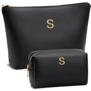 Mom Gifts| Initial Makeup Bag Set for Women Girls Personalized Gifts for Bridesmaid Teachers Graduation Friend Female PU Leather Cosmetic Travel Toiletry Bag(Black,S)