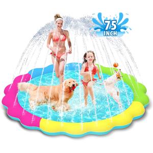 Raxurt Dog Splash Pad, 75in Anti-Slip Dog Pool Splash Pad for Dogs Kids 0.55mm Thickened Durable Bath Pool Pet Summer Outdoor Water Toys Backyard Fountain Play Mat, Colorful