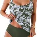 Eomenie Women's Halter Tankini Bathing Suit Ruched Tummy Control Two Piece Swimsuit with Bottom (Small, Green Printed)