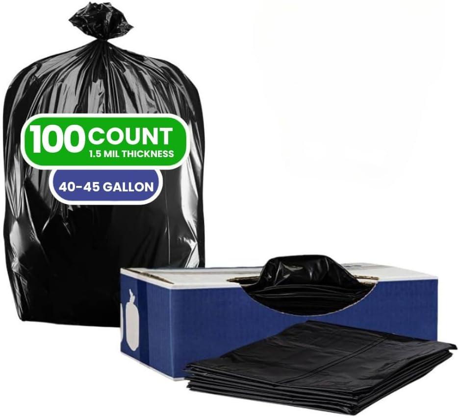 Plasticplace Heavy Duty Trash Bags, 40-45 Gallon, Black, Industrial Strength, Tear-Resistant, Leak-Proof, Large Garbage Bags for Yard, Construction, Lawn, 100 Count 1.5 Mil, 40"x46"