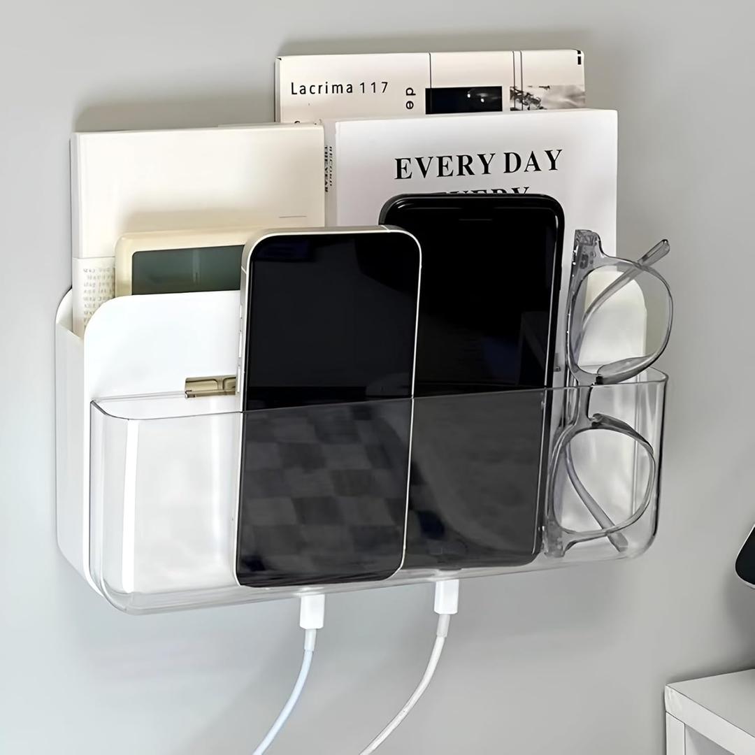 Adhesive Remote Control Holder Wall Mounted Phone Charging Holder Universal Controller Holder Wall Mount Storage Organizer Box No Drilling Home Office Desk (Bedside Shelf)