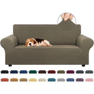 KEKUOU Stretch Loveseat Sofa Cover Slipcover,Couch Covers for 2 Cushion Couch Sofa (55"-78") Furniture Protector Sofa with Elastic Bottom for Kids,Dog. Jacquard Small Checked (Medium,Khaki)