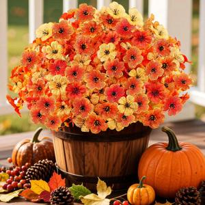 16 Bundles Artificial Fall Flowers for Outdoors, Realistic Fake Silk Flowers with Eucalyptus, No Fade Faux Fall Plants for Planter, Patio, Front Porch & Garden Decor (5fall+5sunset+6yellow)