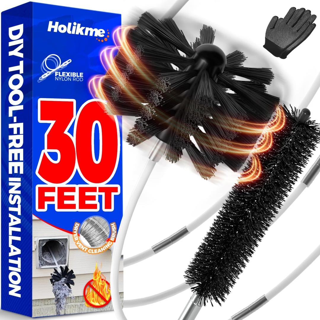 Holikme 30 Feet Dryer Vent Cleaner Kit, Flexible Lint Brush with Drill Attachment, Fireplace Chimney Brushes Extends Up to 30 Feet for Easy Cleaning, Use with or Without a Power Drill