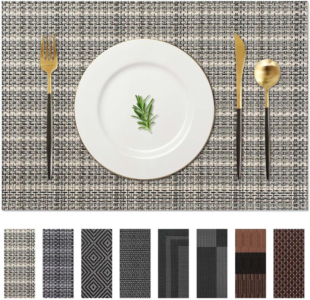 AHHFSMEI Placemats Set of 4 Washable Woven Vinyl Placemats for Dining Table Heat Resistant Non-Slip Stain Resistant Table Mats for Kitchen & Home Decor(Linen Gey,4) (17.7X11.8 inches set of 4)