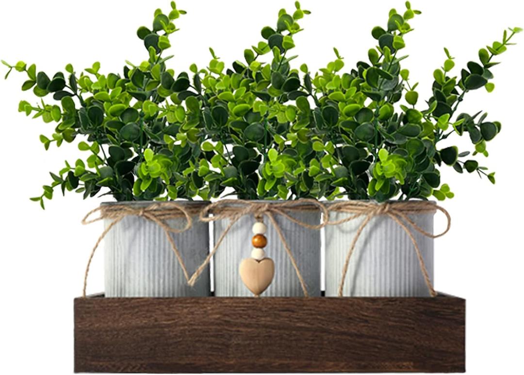 Artificial Flower Decorative Centerpiece, Frosty Green Eucalyptus Table Arrangement with 3 Rustic Metal Pots and Wood Tray for Farmhouse Home Dcor