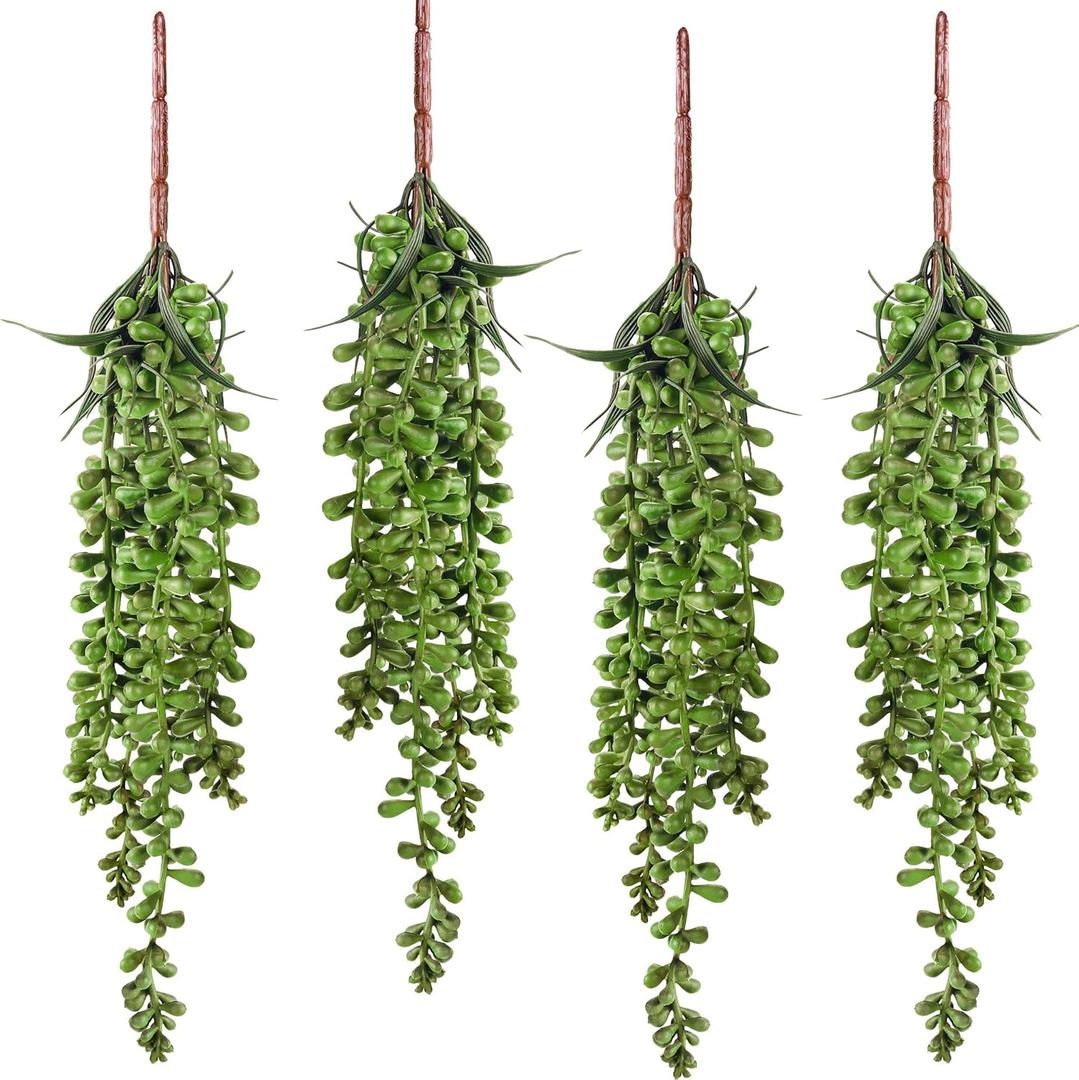 Meiliy 4pcs Artificial Succulent Plants Hanging Succulent Plants Faux Succulents Unpotted Branch String of Pearls Plant for Home Kitchen Office Wedding Garden Craft Art Indoor Decor (14inch)