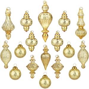 Mercury Glass Christmas Ornaments Silver Hanging Balls with Different Shapes for Xmas Tree Decor, Vintage Finials Luxury Christmas Decoration Hanging Bauble for Neutral Holiday Winter Wedding-Set Of 17