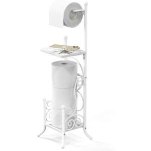 Simple Houseware English Style Bathroom Toilet Tissue Roll Holder Stand with Shelf, White (Wood Shelf - 29.2''H)