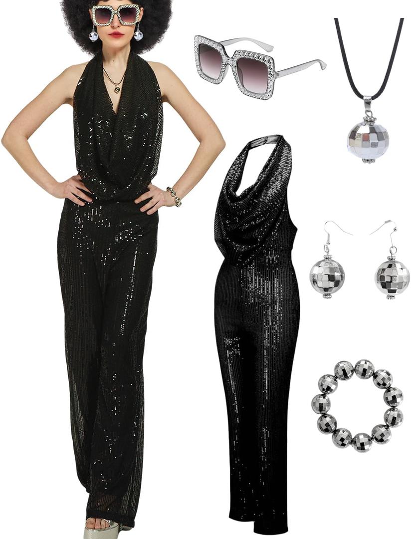 Gold 70s Disco Costume: Women's Sequin Backless Halter Neck Jumpsuit with Disco Ball Accessories (Medium, Black)