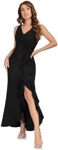 OEZ Long Formal Dresses for Women Wedding Guest Elegant Evening Party Cocktail Dress Sexy V Neck Sleeveless Gowns Dresses, L