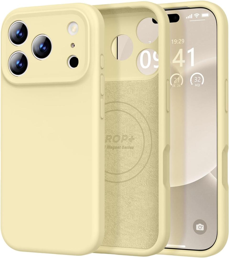 Vooii Magnetic for iPhone 17 Pro Case, Compatible with Magsafe (Premium Liquid Silicone) (Integrated Camera Control Button) Full Body Protective Anti-Scratch Microfiber Lining 6.3", Creamy Yellow