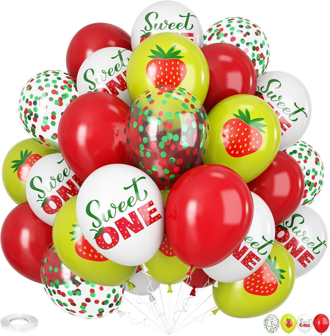 Strawberry Print Balloons Red Green, 30Pcs 12Inch Berry Print Balloon Red Green Confetti balloons for Sweet One Baby on the Way Girls First Birthday Summer Fruit Strawberry Theme Party Decorations