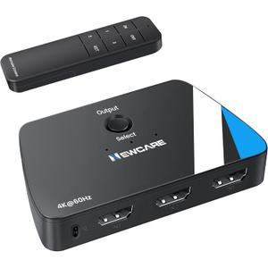 NEWCARE HDMI Switch 3 in 1 Out, 4K@60Hz HDMI Splitter with Remote, HDMI Switcher Support HDCP2.2 Dolby HDR10+ VRR 3D, Compatible with TV PS5/4 Xbox Laptops PC Projector Blu-ray Player