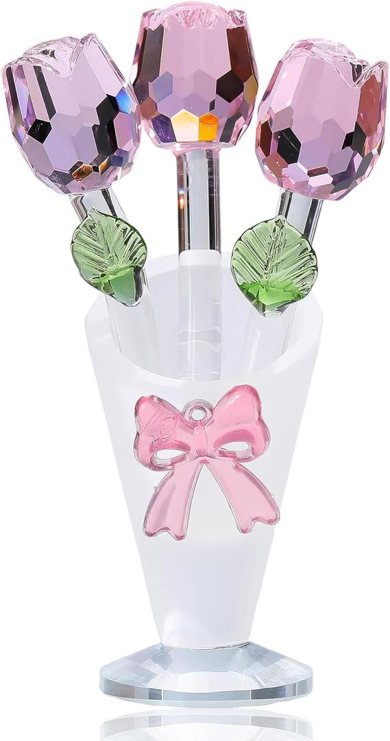 Pink Rose Flower Crystal Figurine with Stems Collectible Statue Triple Roses Flowers with Vases for Decor Mom Wife Girlfriend Gift