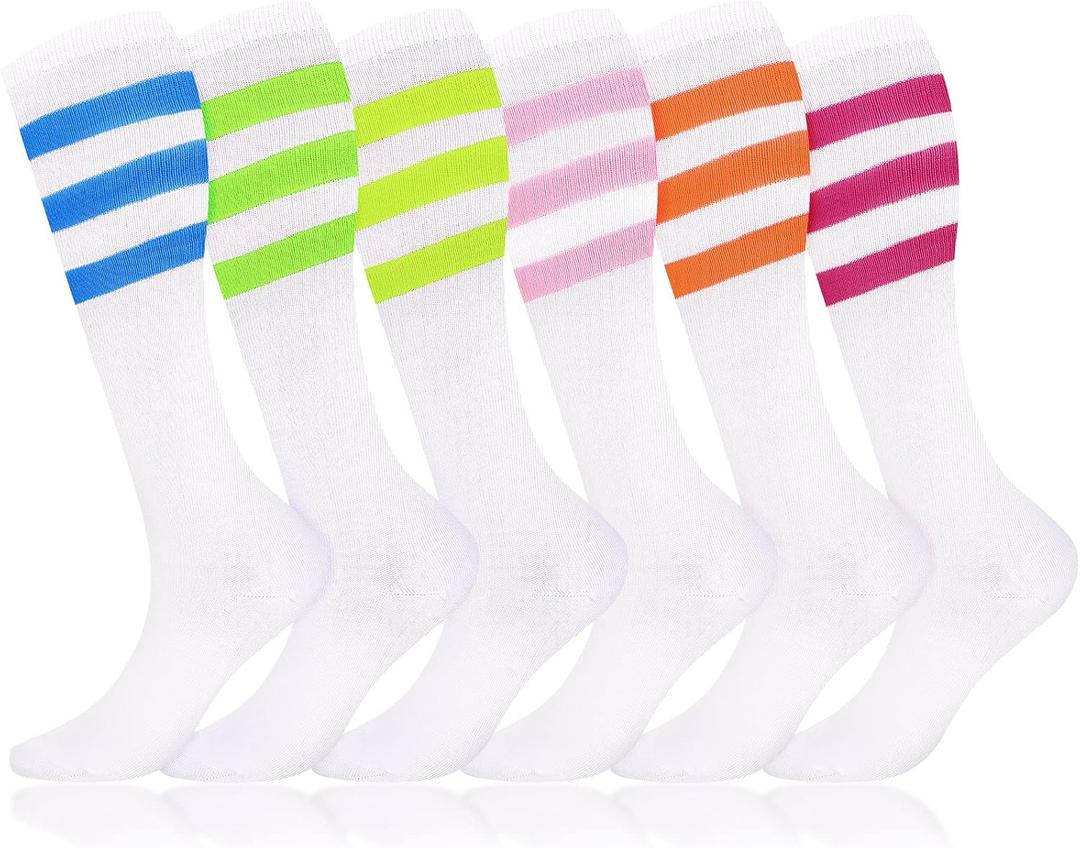 Syhood 6 Pairs Neon Knee High Socks Stretchy Roller Skate Socks for Women, Men, Soccer Softball Team Sports, One Size, White, Mixed Colors Stripes