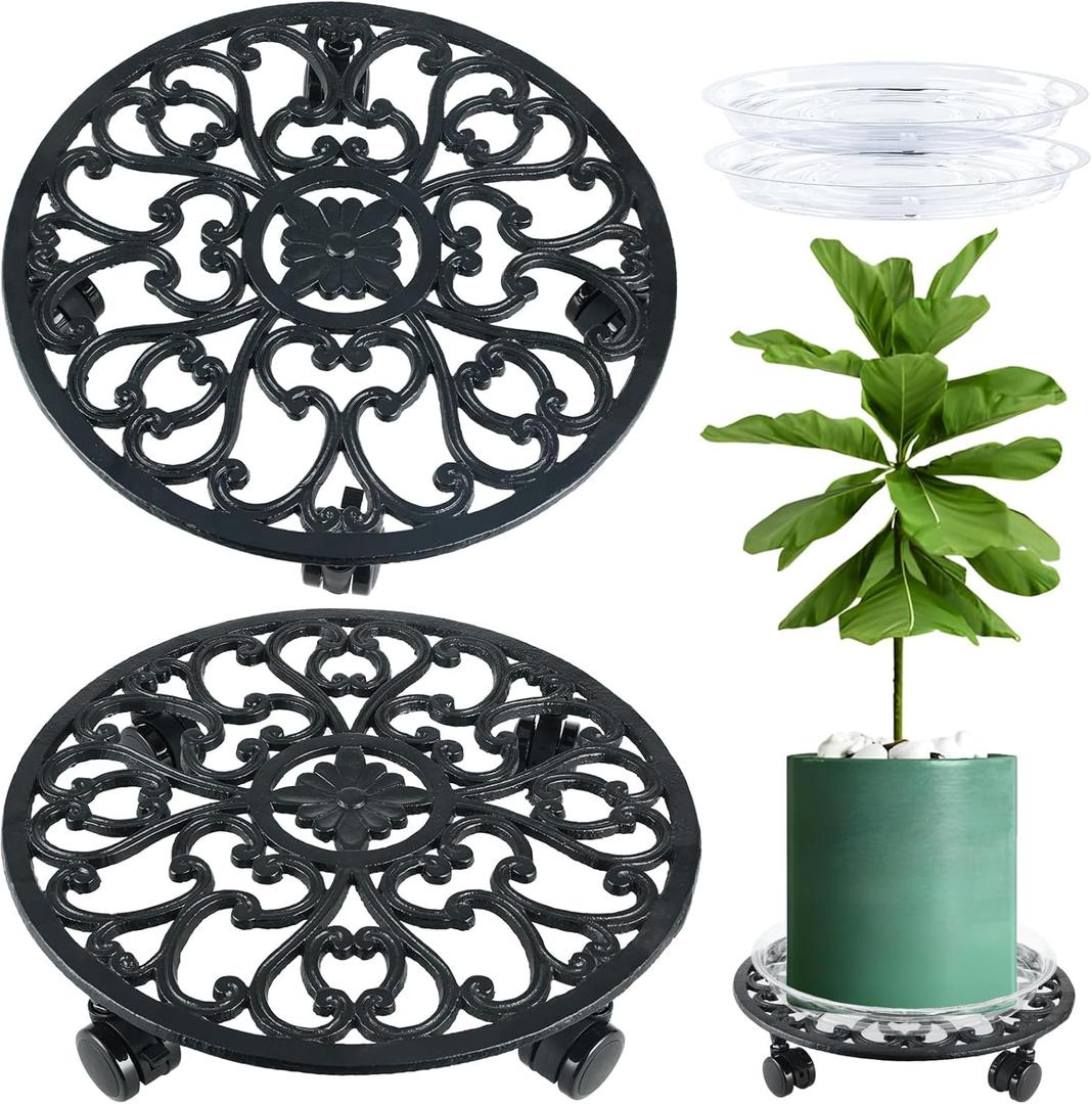 2 Packs 14 Inch Rolling Plant Stand with Wheels Metal Plant Caddy with Wheels Heavy Duty Round Plant Stand Indoor Iron Plants Rollers for Plants, Plant Dolly with Plant Saucers (black)