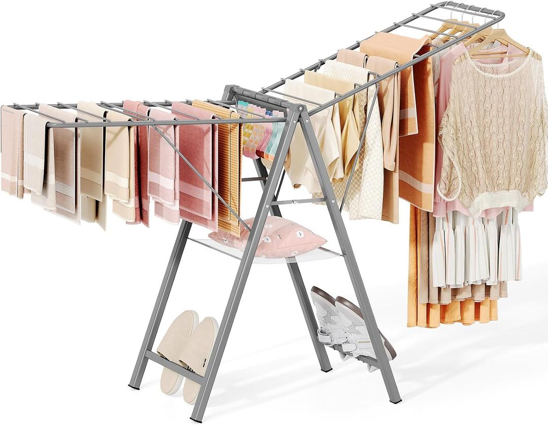 APEXCHASER Clothes Drying Rack Foldable, Metal Laundry Drying Rack Collapsible, Portable Compact Clothes Rack for Sweater Baby Clothes Towel Indoor & Outdoor, Height Adjustable Clothes Airer, Grey, 62.6*36.42*21.06 inches