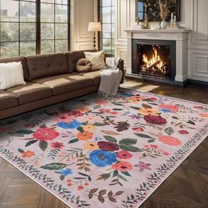 GRAMBET Living Room Rugs, Area Rugs 5x8 Rug for Bedroom Ultra-Thin Soft, Non-Slip Washable Rugs Stain Resistant Boho Rug Low-Pile Throw Rug for Dining Room Office (5 x 8, Beige Lawn)