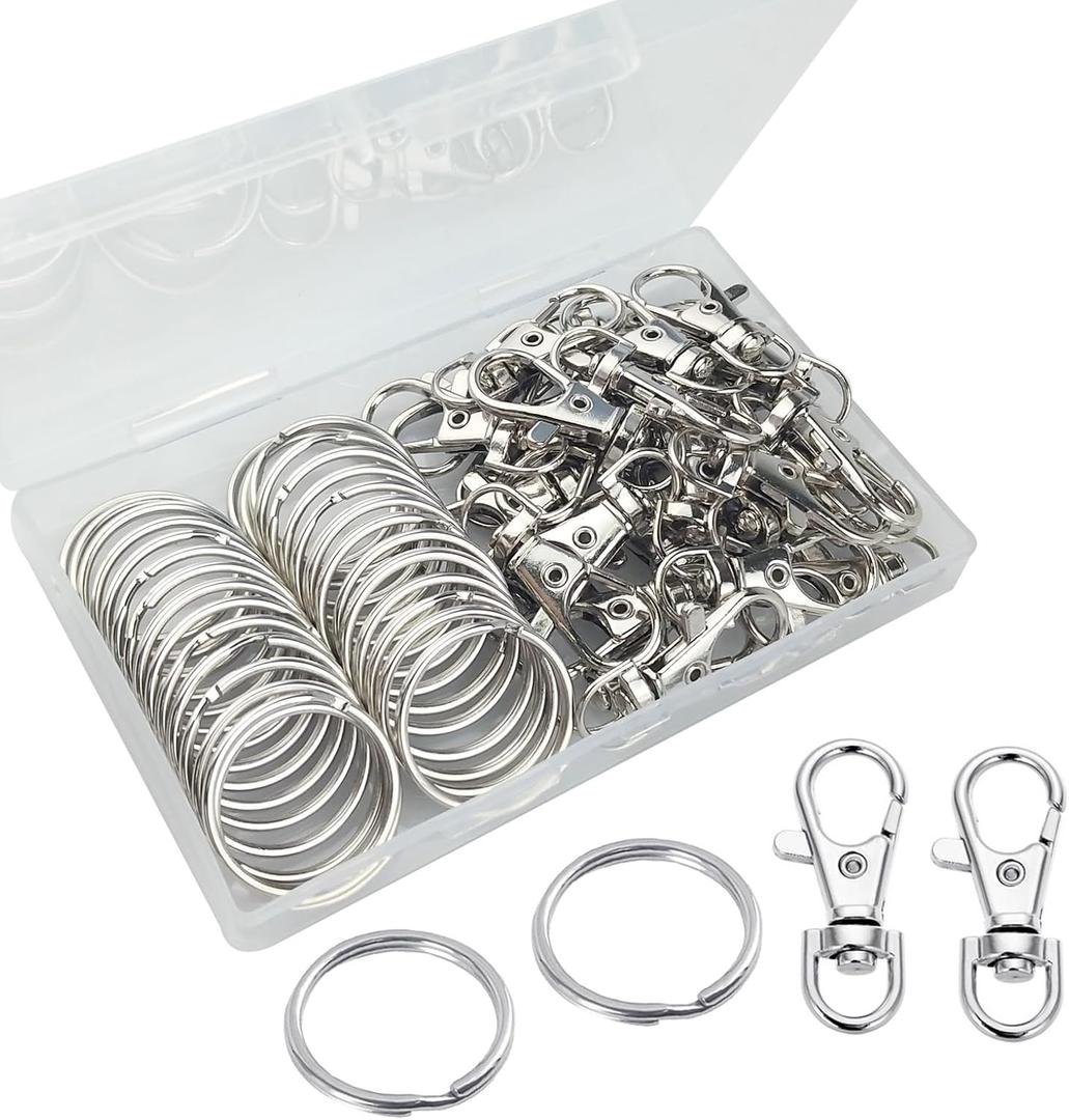 60 Pcs Premium Swivel Lanyard Snap Hook with Key Rings, Metal Lobster Clasp Keychain Hooks for Lanyard Crafting (Silver)