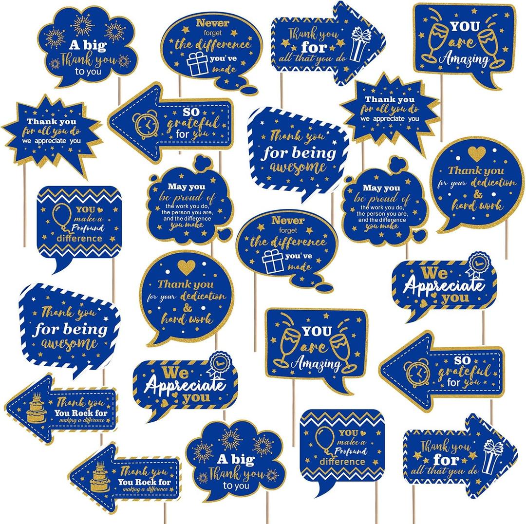 24 Pcs Teacher Staff Volunteer We Appreciate You Decorations Photo Booth Props Appreciation Decor Blue and Gold Thank You Sign Photo Props for Teacher Nurse Employee Coworker Appreciation