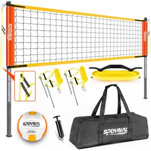 32FT Portable Volleyball Net System for Backyard - Adjustable Height Beach & Grass Court Sand-Resistant Outdoor Training Set with Pro-Grade Volleyball, Pump, Boundary Lines & Carry Bag, (Bright Orange)