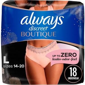 Always Discreet Boutique Adult Incontinence & Postpartum Underwear for Women, Maximum Protection, Peach, Large, 18 Count (Packaging May Vary)