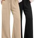 2 Pack Women's Linen Pants Summer Wide Leg Drawstring Elastic Waist Pant Casual Loose Fit Beach Trousers with Pockets (Medium, Khaki, Black)