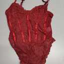Milumia Women's Sexy Floral Lace Sheer Mesh Corset Bodysuit Spaghetti Strap Cami Tops Going Out (Large, Burgundy)