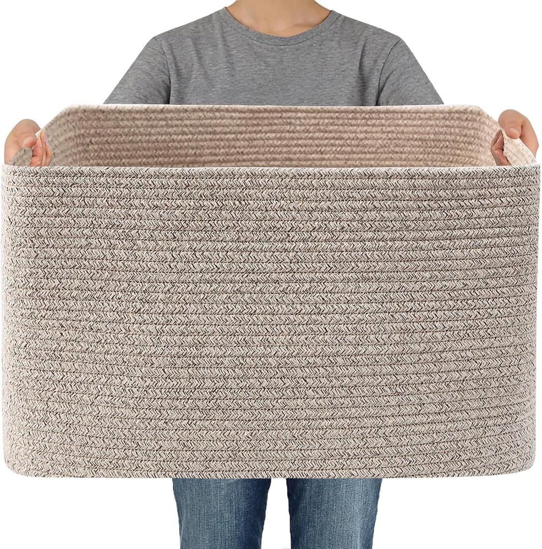 JMvicyroam Woven Blanket Basket,65L Large Storage Bin for Blankets Toys Clothes,Decorative Rope Basket for Living Room Bedroom with Handles, Oatmeal