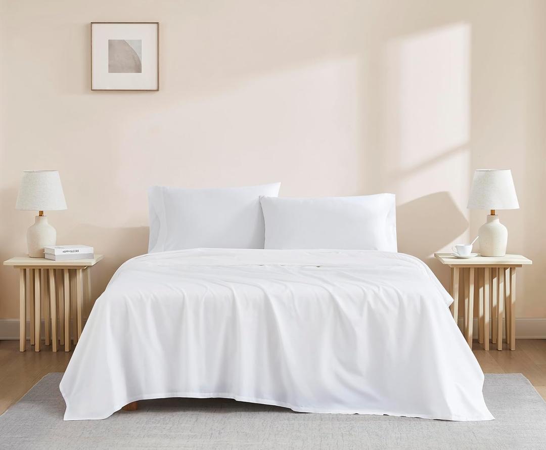 Linen Closet Organic 100% Cotton Twin XL Bed Sheet 3 Pcs Set Arctic White Crisp Percale, Deep Pocket up to 16  Lightweight, Breathable & Naturally Cooling  Ideal for College Dorm, Soft & Comfy